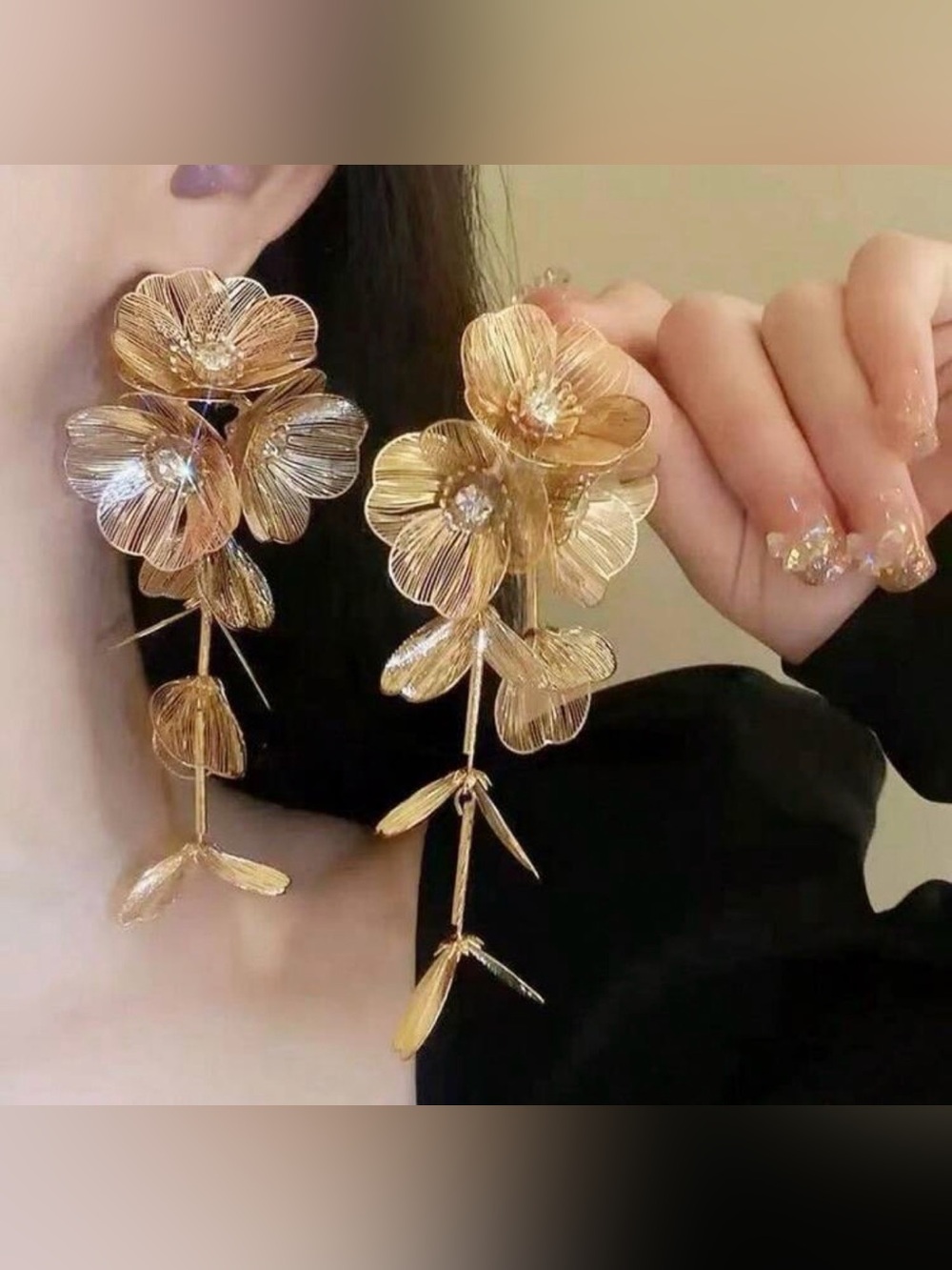 Zara Earrings Gold Floral Drop Earrings - Statement Women's Jewelry - Picture 3 of 4